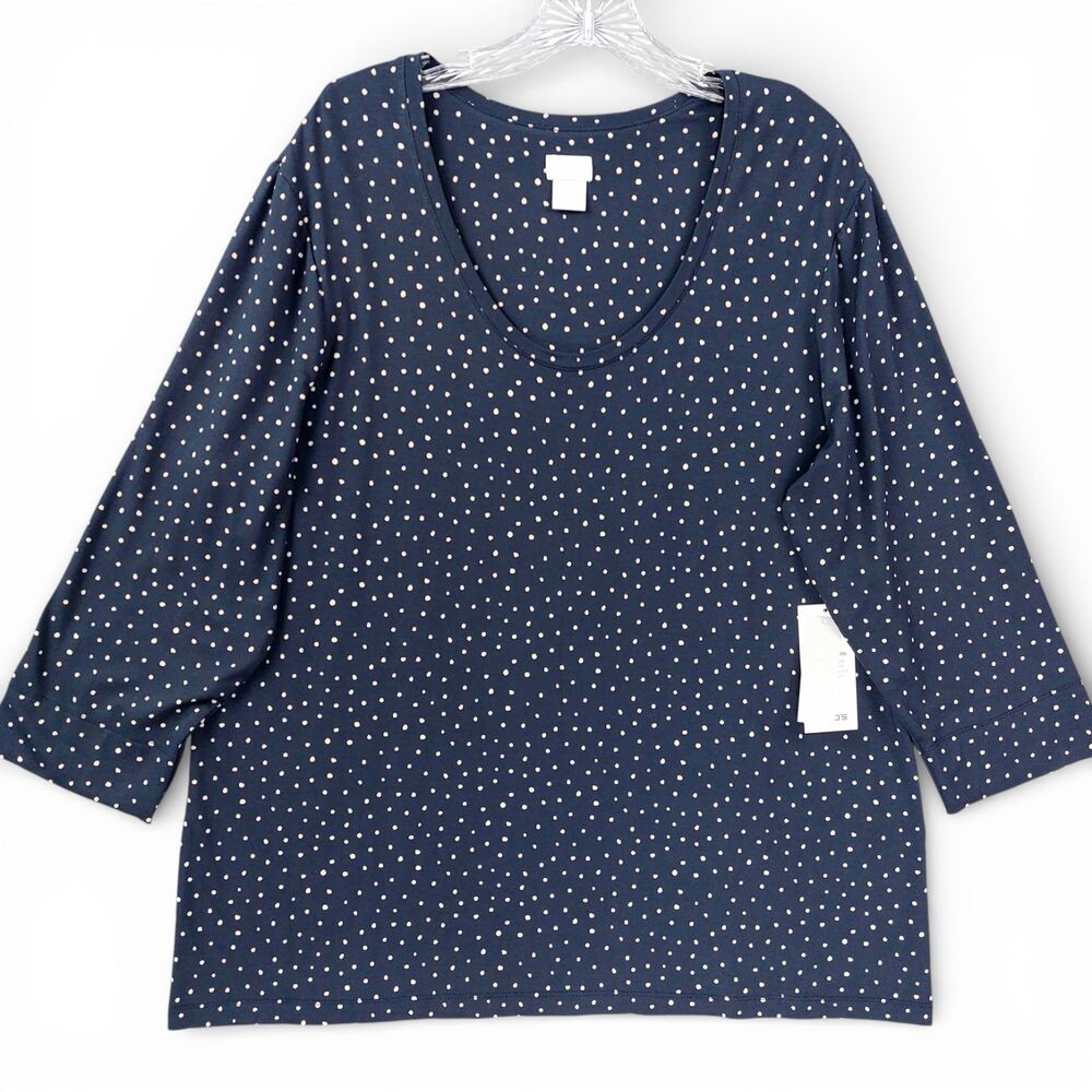 Chico’s Navy Polka Dot 3/4 Sleeve Top XL Rayon Blend Stretch Soft Casual Chic